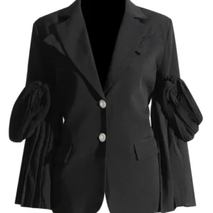 Women Blazer Notched Collar Long Sleeve Pleated Patchwork Single Breasted Waist Suit Jackets Summer