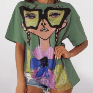Print Regular Fit T-shirt Vintage Fashion Trendy Dropped Shoulder Sequined Tops Female Summer Tees