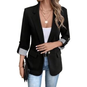Buttoned Blazer with Slim Fit and Rolled-Up Three-Quarter Sleeves for Women