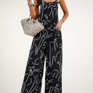 Abstract Line-Art Wide-Leg Overalls Jumpsuit
