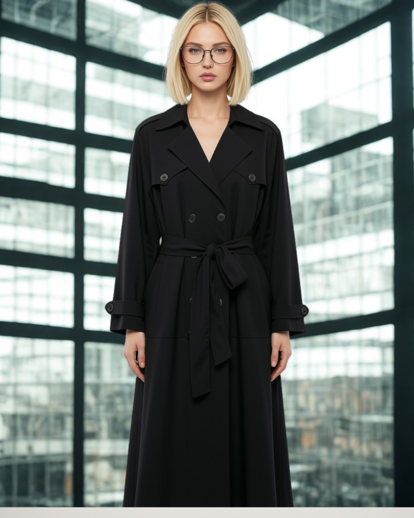 A model wearing Classic Double-Breasted Long Trench Coat by Jazzberry Street.