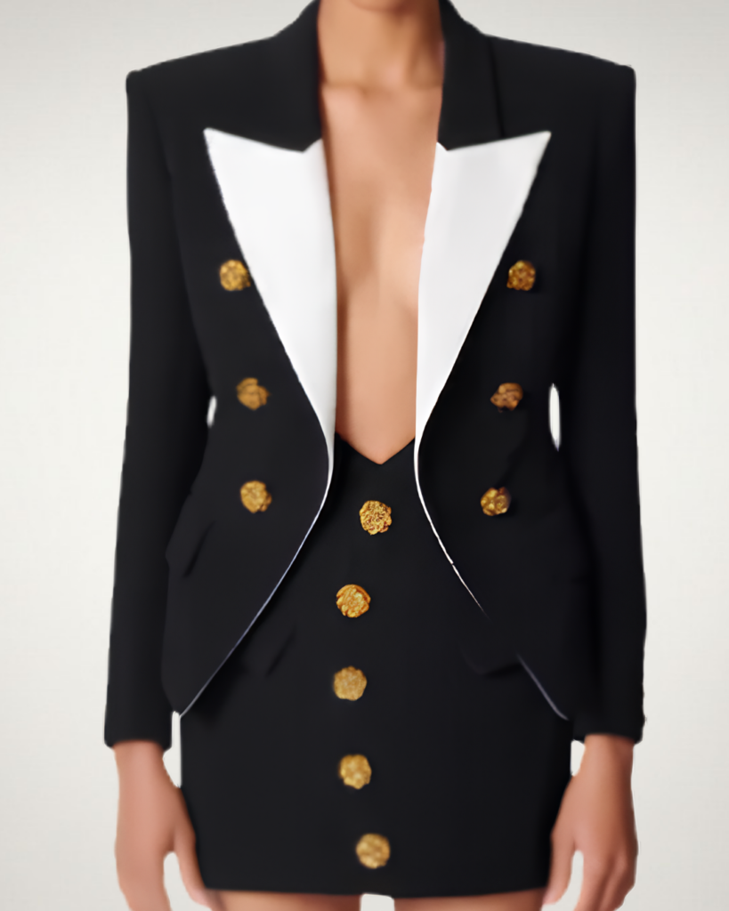 a model wearing Camila Two-Piece Colorblock Blazer Skirt Set by Jazzberry Street.
